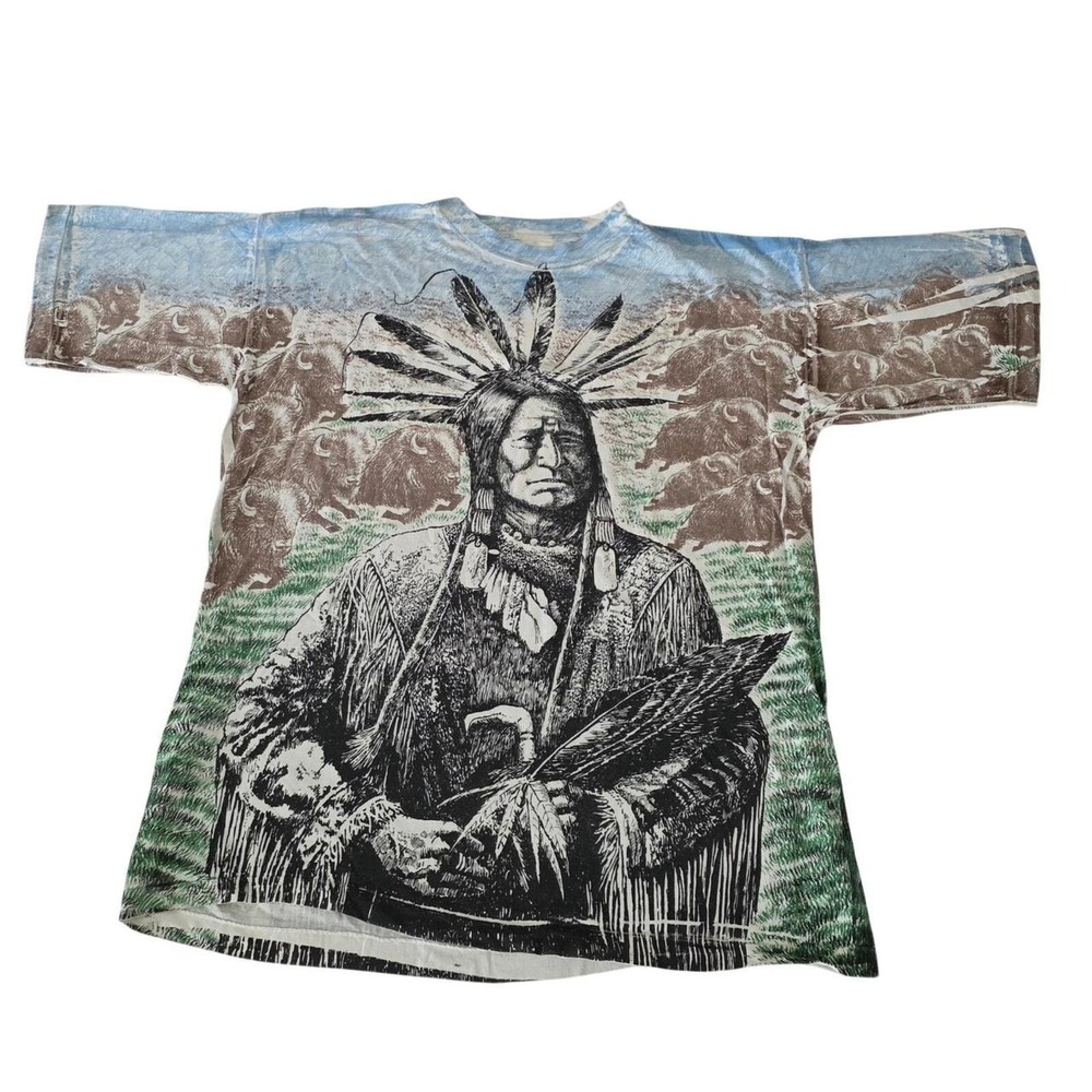 Vintage 90's Graphic T-Shirt  Native American Chief Buffalo XXL Wearable Art